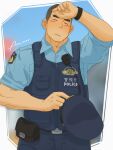  1boy amaimao bara blush buzz_cut closed_eyes cowboy_shot feet_out_of_frame goatee_stubble highres hot male_focus original police police_uniform policeman short_hair solo standing sweat thick_eyebrows uniform very_short_hair wiping_sweat 