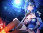  1girl aizawa_chihiro armor blue_collar blue_dress blue_eyes blue_hair breasts campfire cleavage collar collarbone detached_collar dress earrings full_moon hairband jewelry large_breasts medium_breasts moon night night_sky official_art original pauldrons scar scar_on_breasts sheath sheathed shoulder_armor sky sleeveless sleeveless_dress solo strapless strapless_dress sword thighhighs tree vambraces weapon 