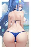  1girl absurdres ass azur_lane back bare_shoulders beach bikini blue_bikini blue_eyes blue_hair blush breasts cameltoe choker from_behind high_ponytail highres huge_ass large_breasts long_hair looking_at_viewer looking_back musicatopos new_jersey_(azur_lane) new_jersey_(midsummer_leisure)_(azur_lane) ocean official_alternate_costume outdoors ponytail solo swimsuit thigh_gap thighs very_long_hair 