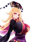  1girl black_dress blonde_hair breasts dress expressionless gold_trim highres huge_breasts junko_(touhou) long_hair looking_at_viewer parted_lips phoenix_crown pink_eyes pointy_ears raptor7 simple_background solo tabard touhou very_long_hair white_background 