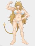  19vodnik 1girl abs absurdres blue_eyes breasts cat_girl cat_tail cleavage heterochromia highres lion_girl lion_tail long_hair looking_to_the_side muscular muscular_female original red_eyes scar signature solo tail 
