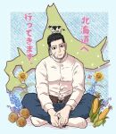  1boy animal_on_head black_eyes black_hair corn cow crossed_legs facial_hair facial_mark flower goatee golden_kamuy hair_slicked_back highres hitomin_(joutaro195) hokkaido looking_at_viewer male_focus minimized ogata_hyakunosuke on_head potato shirt short_hair sitting sunflower white_shirt 