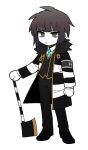  1boy armband axe black_footwear black_hair black_pants black_vest blue_necktie brown_hair chain chinese_commentary closed_mouth coat collared_shirt colored_skin commentary_request e.g.o_(project_moon) employee_(lobotomy_corporation) fur-trimmed_coat fur_trim gold_chain green_eyes highres holding holding_axe lobotomy_corporation male_focus necktie no_nose open_clothes open_coat pants project_moon shirt short_hair simple_background smoke_(killscreen_s) solo vest white_background white_shirt white_skin 