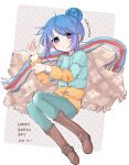  blue_hair boots brown_footwear dated green_pants hair_bun happy_birthday highres jacket lying multicolored_clothes multicolored_jacket multicolored_scarf nan on_back pants poncho purple_eyes scarf shima_rin simple_background yurucamp 