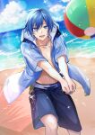  1boy ball beach beach_volleyball black_jacket blue_eyes blue_hair blue_nails blue_shorts drawstring fingernails hatsune_miku_graphy_collection highres hood hood_down hooded_jacket jacket jewelry kaito_(vocaloid) lower_teeth_only necklace ocean open_mouth short_hair short_sleeves shorts solo sparkle teeth teito vocaloid volleyball volleyball_(object) 