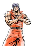  1boy absurdres belt biceps black_eyes black_undershirt blue_hair brown_belt collarbone commentary cowboy_shot frown highres looking_at_viewer messy_hair mullet muscular muscular_male orange_pants orange_shirt pants scar shadow shirt sora_no_hikari thick_neck toriko toriko_(series) traditional_media tsurime x_arms 