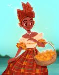  1girl 2022 bare_shoulders basket blue_sky bracelet brown_hair commentary curly_hair dark-skinned_female dark_skin deanne_go dolores_madrigal earrings encanto english_commentary heart heart_earrings highres holding holding_basket initial jewelry mango plaid plaid_skirt red_skirt skirt sky smile 