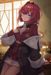  1girl ange_katrina arm_support black_coat blue_eyes breasts coat hair_ornament hairclip highres hopepe indoors long_sleeves looking_at_viewer nijisanji parted_lips red_hair short_hair skirt small_breasts solo virtual_youtuber white_skirt window 