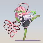  1girl :d absurdres artist_name belt braid breasts cleavage demon_slayer_uniform gradient_hair green_eyes green_hair green_thighhighs haori highres holding holding_sword holding_weapon j_humbo japanese_clothes kanroji_mitsuri kimetsu_no_yaiba leg_up long_hair looking_at_viewer medium_breasts mole mole_under_eye multicolored_hair multiple_braids open_mouth partially_unbuttoned pink_hair signature smile solo standing standing_on_one_leg sword thighhighs tiptoes tri_braids weapon whip_sword white_belt 
