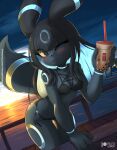  anthro beverage bikini blush breasts bubble_tea clothing eeveelution female generation_2_pokemon hi_res holding_beverage holding_object nintendo one_eye_closed pokemon pokemon_(species) rika_(rilex_lenov) rilex_lenov shiny_pokemon solo sunset swimwear umbreon wink 