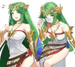  1girl absurdres bare_shoulders blush breasts coke-bottle_glasses dress glasses green_eyes green_hair highres jewelry kid_icarus kid_icarus_uprising large_breasts long_hair looking_at_viewer necklace open_mouth ormille palutena smile solo thighhighs tiara very_long_hair 