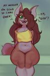  absurd_res anthro bottomless bottomless_anthro bottomless_female brown_body brown_fur brown_hair canid canine canis cheek_tuft clothed clothing crop_top diadorin dialogue domestic_cat domestic_dog dopey_(diadorin) english_text facial_tuft fangs felid feline felis female fur gradient_background green_background gynomorph_(lore) hair hair_over_eye hi_res hybrid long_hair mammal one_eye_obstructed open_mouth open_smile shirt simple_background smile solo speech_bubble tan_body tan_fur teeth text thick_thighs topwear tuft wide_eyed wide_hips yellow_sclera 