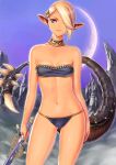  1girl adapted_costume areuhat arms_at_sides bare_arms bare_shoulders bikini blonde_hair breasts cleavage closed_mouth contrapposto cowboy_shot dragon_tail elf elvaan final_fantasy final_fantasy_xi gold_trim hair_ornament hair_over_one_eye highres holding holding_sword holding_weapon jewelry legs_apart midriff moon navel neck_ring pink_lips pointy_ears purple_bikini purple_eyes purple_pupils short_hair small_breasts smile solo spiked_tail standing straight-on strapless strapless_bikini swimsuit sword tail tail_raised taisai_soft thighs weapon 
