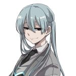 1girl black_eyes black_necktie blue_hair closed_mouth collared_shirt commentary_request e.g.o_(project_moon) employee_(lobotomy_corporation) grey_jacket grey_vest hair_between_eyes jacket light_blue_hair lobotomy_corporation looking_at_viewer necktie open_clothes open_jacket project_moon shirt simple_background smile solo sumuna_sunaco twintails vest white_background white_shirt 