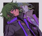  1boy bandaged_chest black_jacket border closed_eyes dual_persona green_hair hair_between_eyes hiroshi_(moremorepi) jacket long_sleeves looking_at_viewer male_focus master_detective_archives:_rain_code multicolored_hair open_clothes open_jacket open_mouth purple_eyeliner purple_eyes short_hair solo streaked_hair upper_body vivia_twilight white_border 