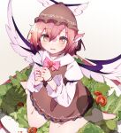  1girl animal_ears barefoot bird_ears bird_wings blush brown_dress brown_eyes brown_headwear chikuzen1996 collared_shirt dress hair_between_eyes hat highres long_sleeves looking_at_viewer mystia_lorelei open_mouth pink_hair pink_wings salad shirt short_hair simple_background sitting sleeve_garter solo touhou wariza white_background white_shirt winged_hat wings 