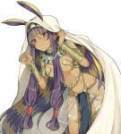  1girl animal_ears blonde_hair blunt_bangs breasts dark-skinned_female dark_skin egyptian egyptian_clothes fate/grand_order fate_(series) hair_between_eyes highres jewelry kurodeko long_hair looking_at_viewer medium_breasts multicolored_hair nitocris_(fate) pelvic_curtain purple_eyes purple_hair simple_background smile solo very_long_hair white_background 