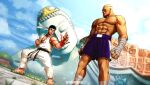  2boys abs artist_name bald bandaged_hand bandaged_leg bandages barefoot belt black_belt dougi eyepatch fighting_stance headband height_difference highres large_pectorals male_focus multiple_boys muscular muscular_male pectorals purple_shorts ryu_(street_fighter) sagat shorts spunkyramaz street_fighter street_fighter_ii_(series) tall_male white_headband 