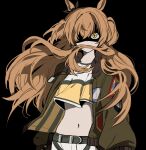  1girl absurdres animal_ears arms_at_sides belt black_background bomber_jacket brown_hair covered_mouth crop_top dog_tags eyes_in_shadow floating_hair green_jacket highres horse_ears jacket long_hair long_sleeves looking_at_viewer mayano_top_gun_(umamusume) midriff navel open_clothes open_jacket shirt simple_background solo two_side_up umamusume unneul upper_body wind yellow_eyes 