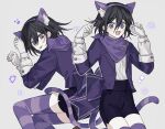  1boy :d animal_ears back_bow black_shorts bow cat_ears cat_tail cheshire_cat_(alice_in_wonderland) cheshire_cat_(alice_in_wonderland)_(cosplay) cosplay danganronpa_(series) danganronpa_v3:_killing_harmony fake_animal_ears fang grey_background jacket large_bow male_focus multiple_views neckerchief official_alternate_costume oma_kokichi open_clothes open_jacket paw_pose purple_jacket purple_neckerchief purple_thighhighs seuli_(sa404_3) shirt_tucked_in shorts simple_background smile striped striped_tail striped_thighhighs tail thighhighs 