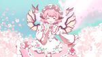  1girl animal animal_ears bird bird_ears bird_wings cake_mogo dress facing_viewer frilled_dress frilled_sleeves frills hat long_sleeves mob_cap mystia_lorelei open_mouth pink_dress pink_hair short_hair smile solo sparrow touhou white_dress white_headwear white_wings wide_sleeves wings 