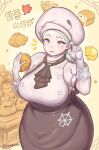  1girl blush breasts commentary_request domaguri gloves hat katy_(pokemon) large_breasts looking_at_viewer pokemon pokemon_(game) pokemon_sv solo translation_request white_gloves white_headwear 