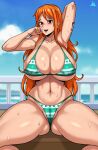  1girl absurdres areola_slip arms_up ass ass_visible_through_thighs bikini blue_sky breasts bursting_breasts cameltoe cleft_of_venus covered_nipples curvy groin highres huge_breasts jmg long_hair nami_(one_piece) one_piece orange_hair shiny_skin shoulder_tattoo sitting sky spread_legs sweat swimsuit tattoo thong_bikini wide_hips 