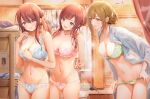  3girls absurdres adjusting_another&#039;s_hair adjusting_hair ahoge alstroemeria_(idolmaster) alternate_hairstyle blue_bra blue_panties blush bow bow_bra bow_panties bra braid breasts brown_eyes brown_hair cleavage collarbone embarrassed folded_ponytail french_braid fujinomiya_rio green_bra green_panties hair_bun hair_tie hairdressing hand_in_another&#039;s_hair hands_in_hair highres holding holding_another&#039;s_hair holding_hair holding_hair_tie huge_ahoge idolmaster idolmaster_shiny_colors indoors japanese_clothes kimono kuwayama_chiyuki lace lace-trimmed_bra lace_bra lace_panties lace_trim large_breasts leaning_forward lingerie long_hair long_sleeves medium_breasts multiple_girls navel open_clothes open_kimono open_mouth open_shirt osaki_amana osaki_tenka outdoors panties panty_pull pink_bra pink_panties ponytail red_hair siblings single_hair_bun sisters smile standing stomach striped striped_kimono swept_bangs twins tying_hair underwear underwear_only undressing yellow_eyes 