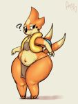  2017 2_tails 3_toes anthro belly biped black_nose blush clothed clothing feet female fingers floatzel fur generation_4_pokemon kingofacesx looking_down multi_tail navel nintendo orange_body orange_fur orange_tail pokemon pokemon_(species) question_mark simple_background solo standing tail thick_thighs toes white_background 