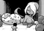  2girls arms_under_breasts breasts cape closed_eyes completely_nude covering_one_eye dark_skin egg from_behind gloves gray_(void_stranger) greyscale lamia large_breasts looking_down lying monochrome monster_girl multiple_girls no_nipples nude on_stomach pixel_art pointy_ears scales setz short_hair smile snake_tail tail tile_floor tiles void_stranger 