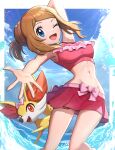  1girl absurdres alternate_costume arm_behind_head blue_eyes blue_sky bow breasts brown_hair fennekin gonzarez highres looking_at_viewer medium_breasts medium_hair navel ocean one_eye_closed open_mouth outdoors pink_bow pokemon pokemon_(anime) pokemon_(creature) pokemon_xy_(anime) serena_(pokemon) sky swimsuit water 