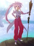  1girl arche_klein belt bracelet broom elbow_gloves food full_body gloves highres jewelry kaien_advance long_hair looking_at_viewer open_mouth pants pink_eyes pink_hair pink_pants ponytail smile solo standing tales_of_(series) tales_of_phantasia tree water wide_ponytail 