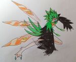  absurd_res anthro avian black_wings decidueye feathers feet female generation_7_pokemon green_body green_feathers hi_res ideltasarc333 looking_at_viewer nintendo pokemon pokemon_(species) solo talons throwing_knife toes wings 