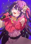  1girl belt dress eyelashes fang fangs gloves hair_between_eyes hair_ornament hair_ribbon hands_up heart heart_print highres holding holding_microphone hoshino_ai_(oshi_no_ko) idol long_hair looking_at_viewer microphone music one_side_up open_mouth oshi_no_ko pink_dress pink_gloves pink_ribbon pointing pointing_at_viewer purple_background purple_belt purple_eyes purple_hair rabbit_hair_ornament ribbon short_sleeves simple_background singing solo standing star_(symbol) star_hair_ornament star_in_eye sweat sweatdrop symbol_in_eye teeth tongue turtleneck turtleneck_dress v-shaped_eyebrows 