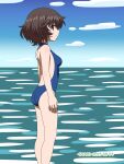  1girl akiyama_yukari ass blue_one-piece_swimsuit blush breasts brown_eyes brown_hair closed_mouth dated girls_und_panzer highres in_water naotosi ocean one-piece_swimsuit short_hair signature sky small_breasts smile solo swimsuit 