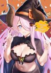  1girl bat_ornament black_cape blue_eyes blush bra breasts butterfly_brooch cape cleavage draph food-themed_hair_ornament granblue_fantasy hair_ornament hair_over_one_eye halloween_costume hat highres hilda_sakura horns lace-trimmed_bra lace_trim large_breasts long_hair looking_at_viewer narmaya_(granblue_fantasy) navel open_mouth pointy_ears pumpkin_hair_ornament purple_hair solo underwear witch_hat 