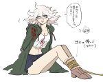  1girl :d abe_riko arms_behind_back breasts cleavage collarbone crop_top danganronpa_(series) danganronpa_2:_goodbye_despair genderswap genderswap_(mtf) grey_eyes grey_hair hair_between_eyes high_heels hinata_hajime hood hood_down jacket komaeda_nagito large_breasts medium_hair messy_hair navel open_clothes open_jacket print_shirt rope shirt shoes shorts simple_background sitting smile solo stomach torn_clothes torn_jacket torn_shorts translation_request white_background white_shirt 