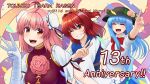  3girls :d ;d anniversary bandaged_arm bandages black_headwear blue_hair bow bowtie bun_cover closed_eyes commentary_request double_bun english_text flower food fruit hair_bobbles hair_bun hair_ornament highres hinanawi_tenshi ibaraki_kasen leaf long_hair looking_at_viewer multiple_girls one_eye_closed onozuka_komachi peach pink_flower pink_hair pink_rose red_bow red_bowtie red_eyes rose shirt short_hair short_sleeves smile tatsu_toyoyo touhou two_side_up upper_body white_shirt wild_and_horned_hermit 