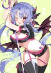  1girl :d alternate_costume arms_up black_bra black_panties black_thighhighs blue_hair blush bra braid breasts cleavage commentary_request commission cowboy_shot crossed_bangs crown_braid demon_horns demon_wings eyelashes fake_horns fake_wings floating_hair frilled_bra frilled_panties frills hair_ribbon holding_trident horns k_i49 large_breasts long_hair looking_at_viewer one_eye_closed open_mouth panties red_eyes red_ribbon ribbon sidelocks skeb_commission smile solo sorakado_ao standing standing_on_one_leg summer_pockets thigh_gap thighhighs thighs underwear very_long_hair wings 