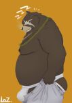  1boy ass bara bear_boy ben_bigger big_belly brown_fur bulge bulge_lift chain_necklace cigarette dressing fat fat_man feet_out_of_frame flat_color from_side furry furry_male i&#039;ve_never_seen_a_guy_recreate_this_successfully_tbh_(meme) jewelry jockstrap large_pectorals laz_(lazxuszz) male_focus male_underwear meme muscular muscular_male necklace nipples open_pants orange_background pants pants_lift pectorals scar scar_across_eye short_hair smoking solo stomach striped_underwear thick_thighs thighs topless_male undersized_clothes underwear zenless_zone_zero zzz 