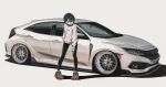  1girl absurdres black_eyes black_hair black_pants bokuya car commentary highres honda honda_civic looking_at_viewer motor_vehicle original pants shadow shoes short_hair simple_background sneakers solo sweater vehicle_focus white_background white_sweater yoga_pants 