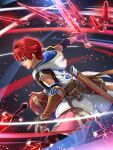  1boy absurdres adol_christin ahoge arm_guards belt_pouch blue_eyes chiga_akira fingerless_gloves flying_sword gloves highres holding holding_sword holding_weapon hood hood_down hoodie male_focus pouch red_hair short_hair solo sword weapon ys ys_x_nordics 