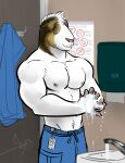  anthro bgn biceps bottomwear caviid clothed clothing fur guinea_pig hair hi_res male mammal muscular muscular_anthro muscular_male nipples pants pecs rodent shirtless smile soap solo washing_hands water 