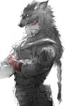  1boy arm_tattoo armor beard closed_mouth cowboy_shot crossed_arms facepaint facial_hair greyscale hanzo_(overwatch) highres looking_at_viewer male_focus monochrome mustache overwatch pouch red_eyes ruint shoulder_armor simple_background solo spot_color standing tattoo wolf_hood 
