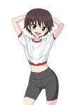  1girl arms_behind_head arms_up bike_shorts black_shorts brown_eyes brown_hair commentary cowboy_shot girls_und_panzer gym_shirt gym_uniform isobe_noriko looking_at_viewer mal_(malmlamal) midriff open_mouth shirt short_hair short_shorts short_sleeves shorts simple_background smile solo standing t-shirt white_background white_shirt 