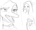  absurd_res anthro candlebird2 choker dinosaur eyes_closed fang_(gvh) female goodbye_volcano_high hair half-closed_eyes hand_on_head headshot_portrait hi_res jewelry long_hair long_snout monochrome narrowed_eyes necklace open_mouth portrait pterodactylus pterosaur reptile scalie simple_background sketch sketch_page snoot_game_(fan_game) snout solo white_background 