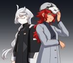  2girls ahoge bang_ul_tomato black_background blue_eyes cosplay dark-skinned_female dark_skin delling_rembran delling_rembran_(cosplay) formal gradient_background grey_background grey_eyes grin gundam gundam_suisei_no_majo hair_over_one_eye highres long_hair looking_at_viewer mask mask_removed miorine_rembran multiple_girls prospera_mercury prospera_mercury_(cosplay) red_hair serious smile suit suletta_mercury white_hair 