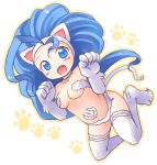  1girl animal_ears animal_feet animal_hands big_hair blue_eyes blue_hair blush breasts cat_ears cat_girl cat_tail claws commentary_request emurin fang felicia_(vampire) full_body long_hair looking_at_viewer medium_breasts navel open_mouth smile solo tail vampire_(game) white_fur 