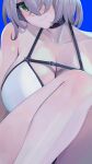  1girl absurdres bar_censor black_choker blue_background blush breasts censored choker cleavage closed_mouth collarbone dalcom green_eyes grey_hair hair_between_eyes highres hololive large_breasts looking_at_viewer mole mole_on_breast shirogane_noel short_hair solo swimsuit thighs virtual_youtuber 