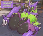  4_eyes areola big_breasts big_butt black_body blizzard_entertainment breasts butt dialogue female genitals green_areola green_body green_eyes green_nipples humanoid lying machine mouthless multi_eye nipples on_back overwatch purple_body pussy raised_leg robot robot_humanoid solo speech_bubble symmetra_(overwatch) text thick_thighs water_enjoyer wide_hips 